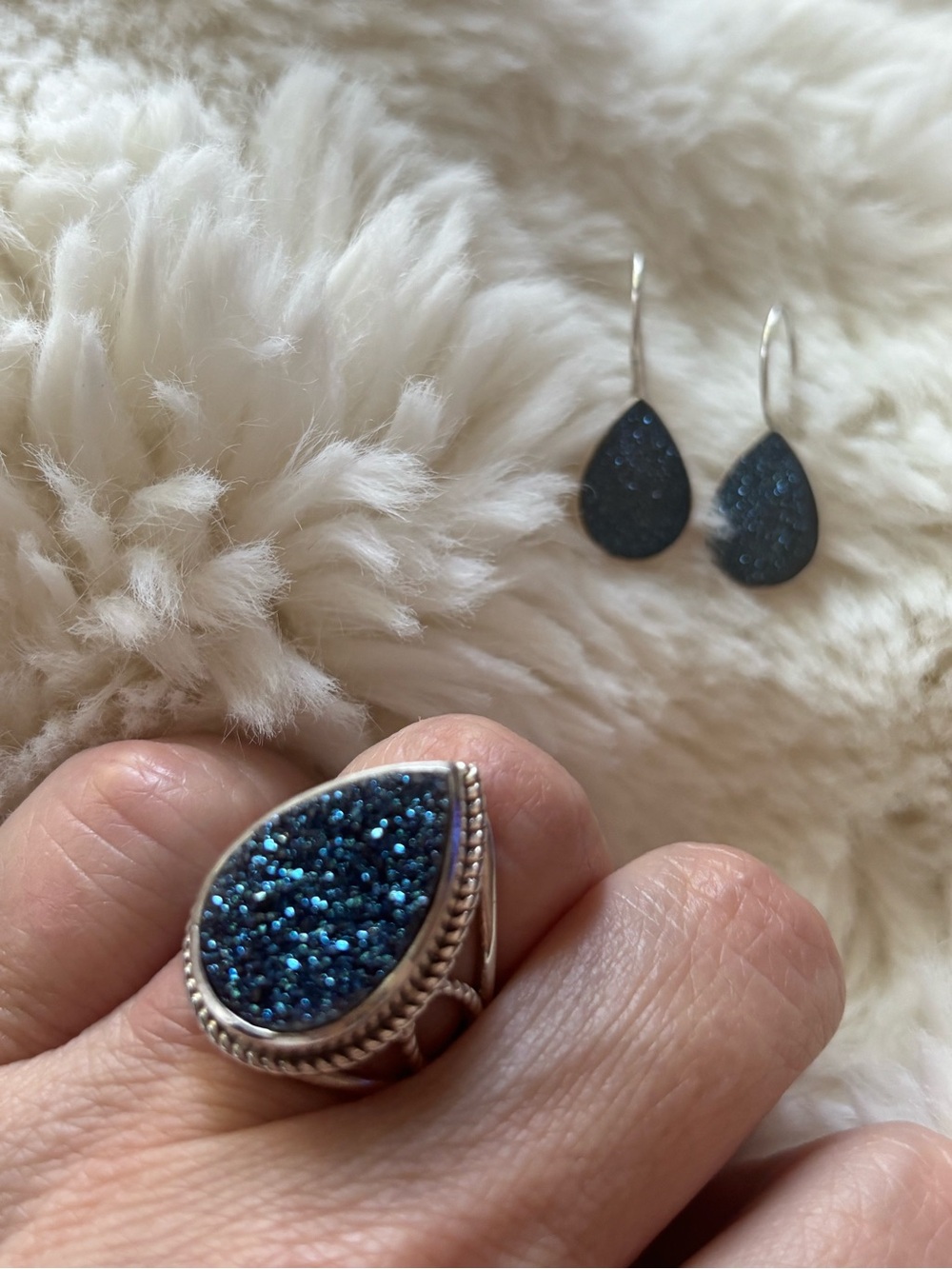 Himalayan Gems blue Druzy Drusy ring size 6 and earrings sterling silver